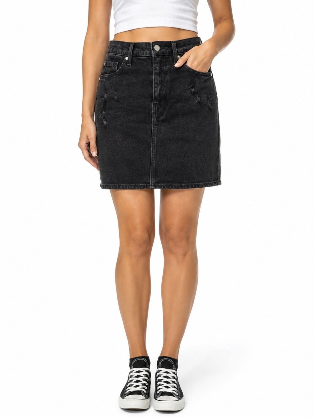 Old Navy Black Distressed Denim Skirt Size 4 High Waisted Midi Back Slit